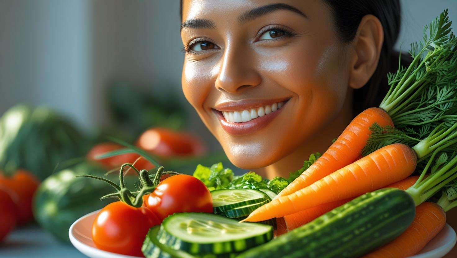 a beautiful woman with a lot of vegetables