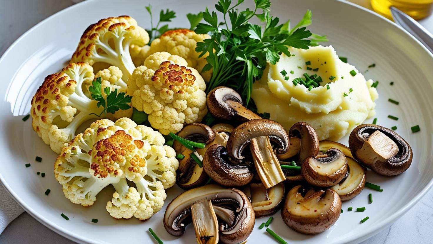 A balanced vegetable plate featuring roasted cauliflower, sautéed mushrooms, and mashed potatoes, symbolizing the health benefits of white vegetables