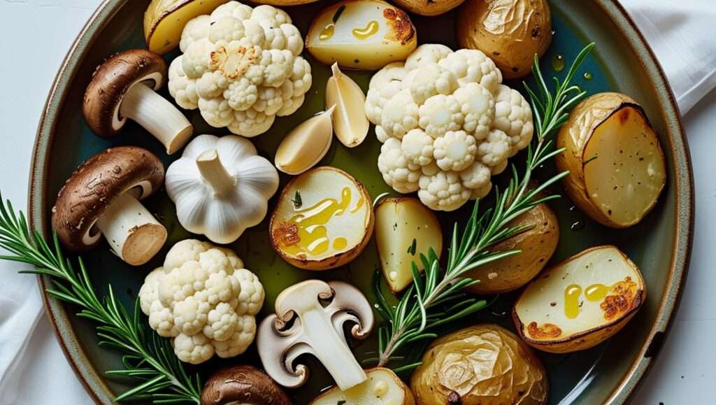 A vibrant plate filled with a variety of white vegetables like cauliflower, garlic, and potatoes, drizzled with olive oil and garnished with herbs