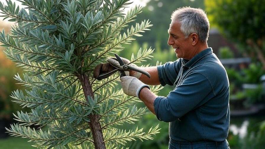 Gardener pruning a mature eucalyptus tree with sharp shears in a garden