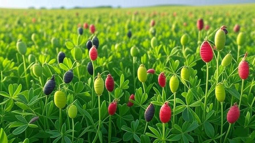 Diverse organic lentil varieties growing in a healthy farm field, showcasing green, red, and black lentils.
