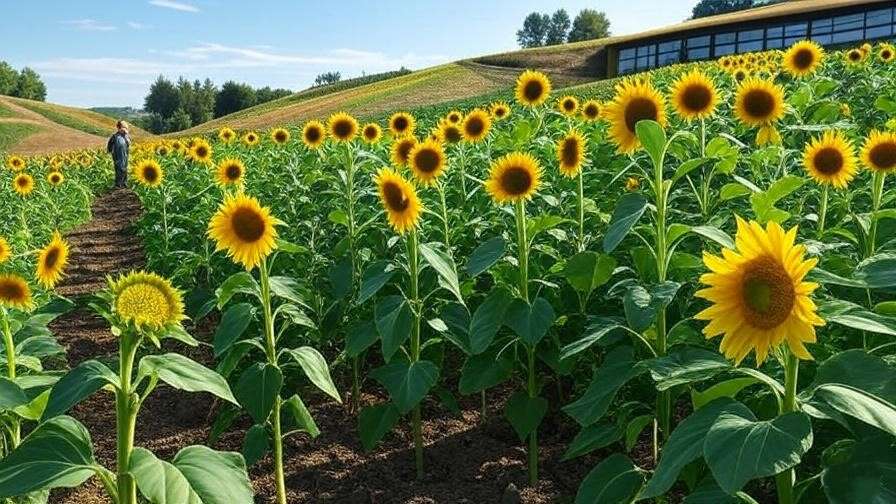 Futuristic organic sunflower farm with soil sensors and tools.