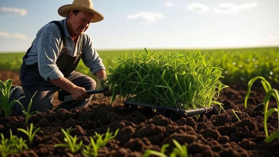 Farmer tilling green vetch into soil with healthy crops in the background