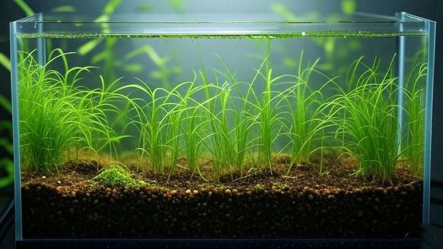 Close-up of nutrient-rich aquarium soil with thriving Amazon Sword and Dwarf Hairgrass plants.