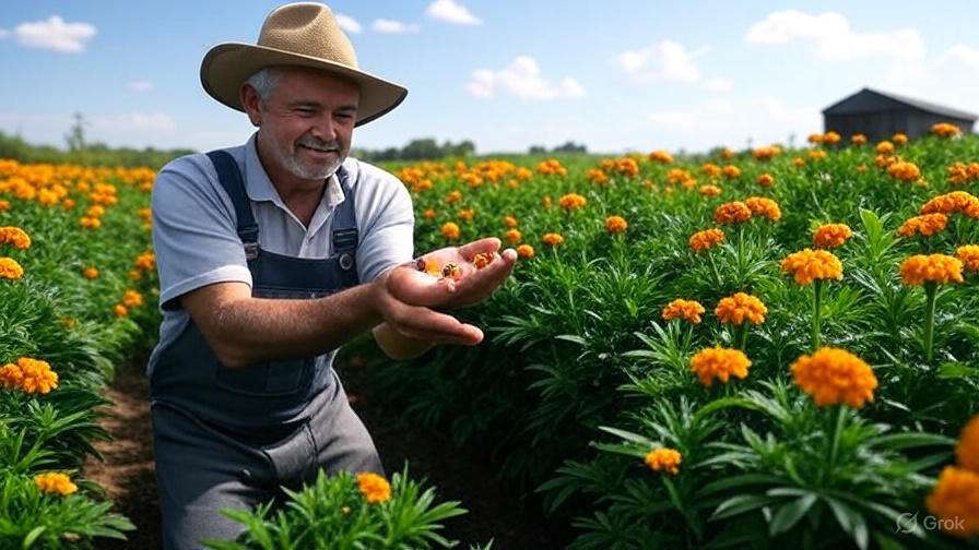 Farmer releasing ladybugs on crops with marigolds for natural pest control.