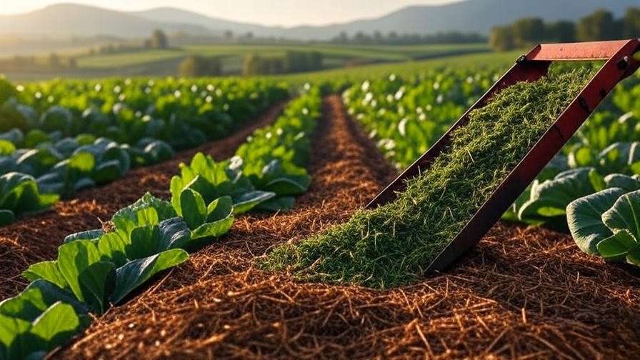 Blade mulcher chopping cover crops on an organic farm with lush vegetables and rolling hills.