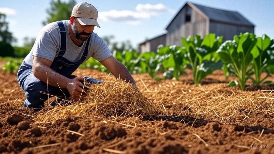 Farmer spreading bulk straw mulch in organic vegetable garden for soil health.