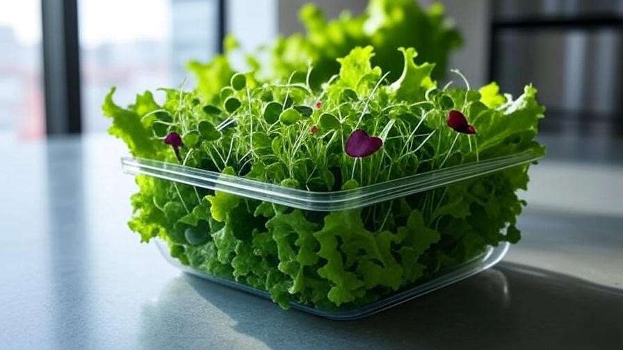 Micro salad growing kit with lettuce and microgreens under LED lights in a modern kitchen