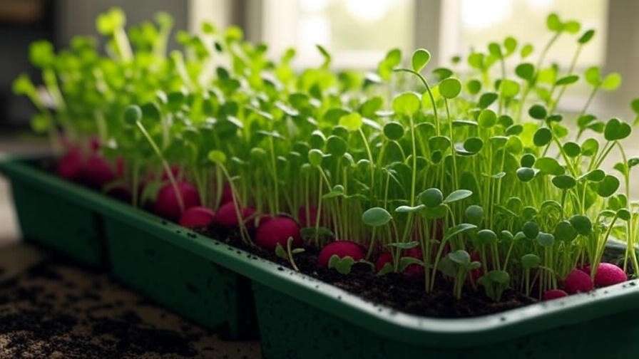 Close-up of vibrant microgreens like radish and broccoli in a tray, highlighting fresh, nutrient-rich greens for home gardening.