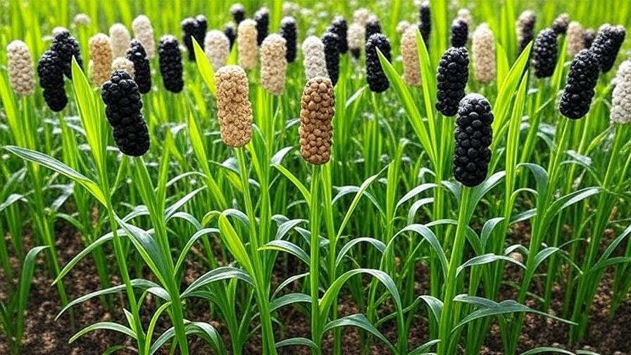 Close-up of gingelly plant varieties with black, white, and brown sesame pods in a healthy field