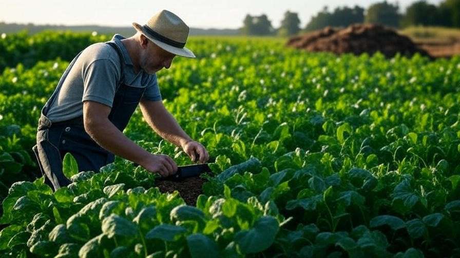Farmer testing soil with a kit in a gingelly plant field with organic compost