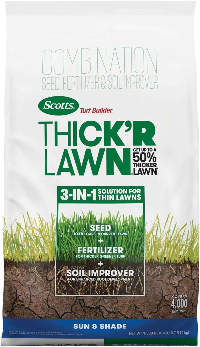 Scotts Turf Builder Thick'R Lawn Sun and Shade, Combination Seed, Fertilizer and Soil Improver, Thickens Thin Grass, 40 lbs.