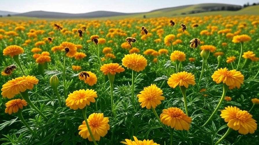 Gingelly field with marigolds and bees for natural pollination