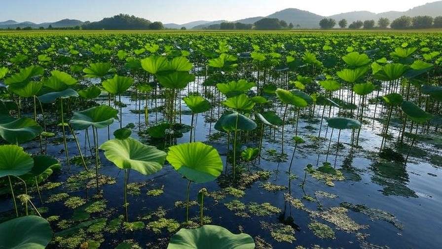Sustainable lotus farming wetland with lush green plants in clear water