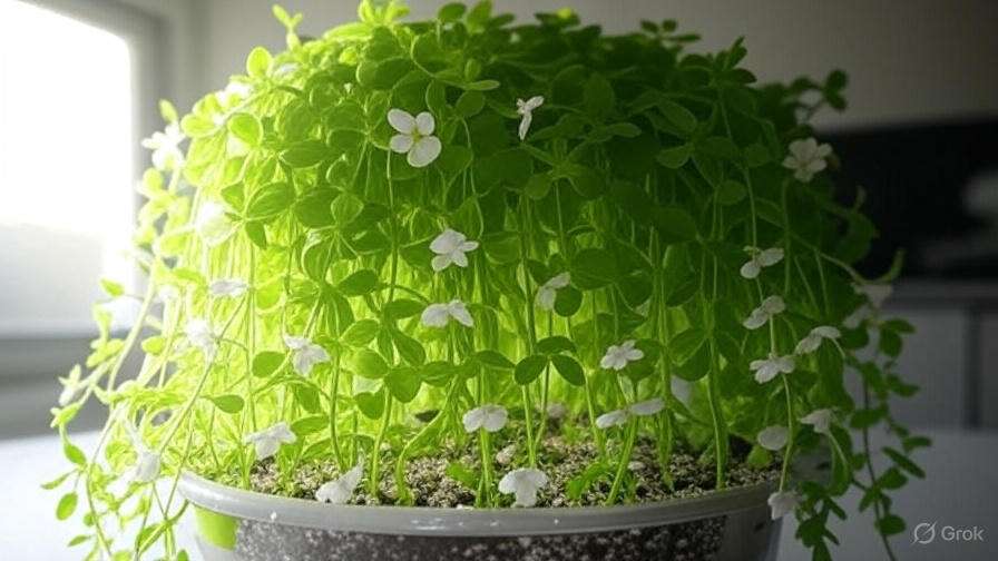 Close-up of a thriving bridal veil plant in a well-draining pot with perlite, near bright indirect light.