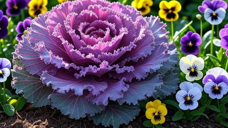 Close-up of ornamental kale with purple, pink, and white foliage alongside pansies in a fall garden.