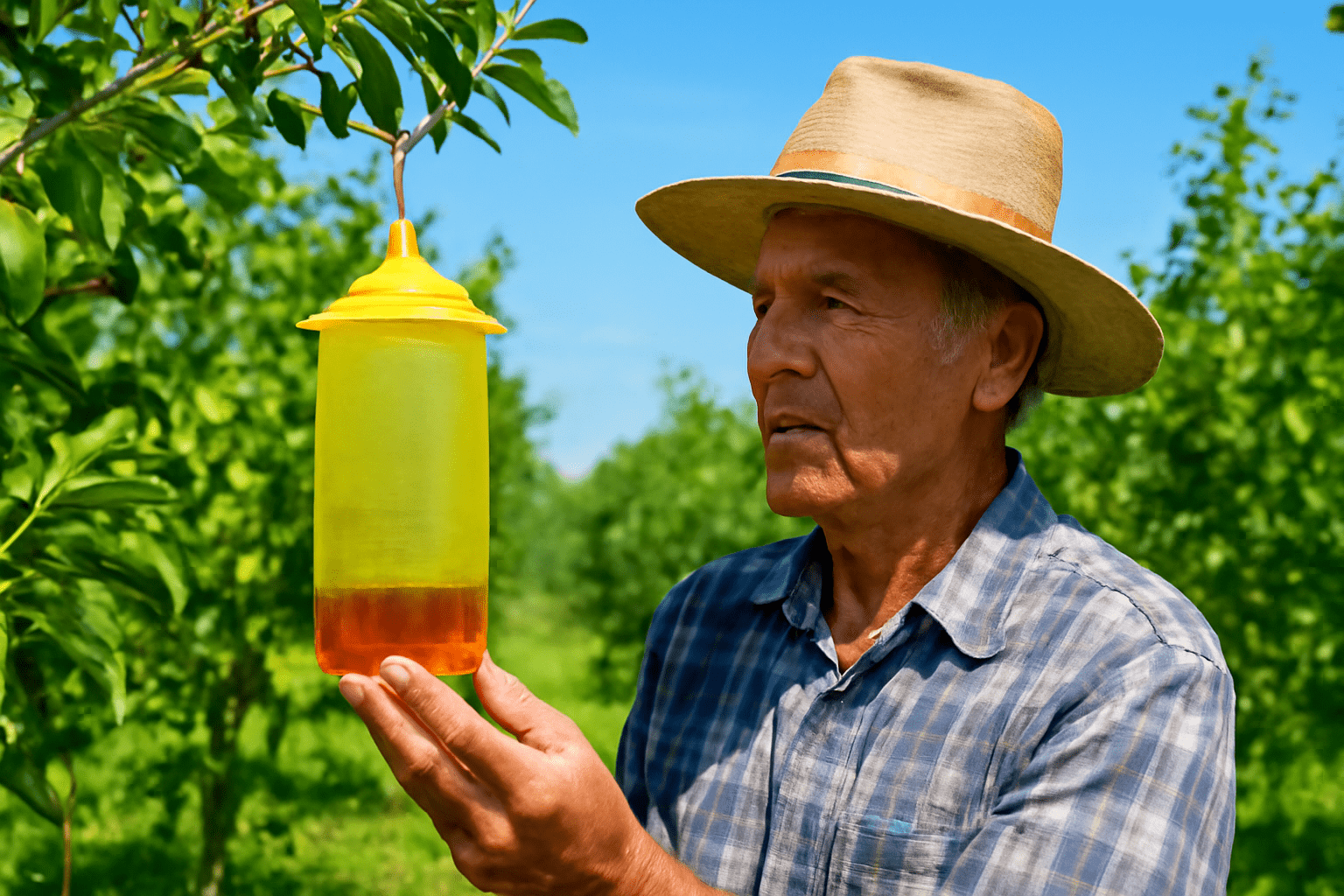 Farmer inspecting fruit fly trap in lush orchard for pest control