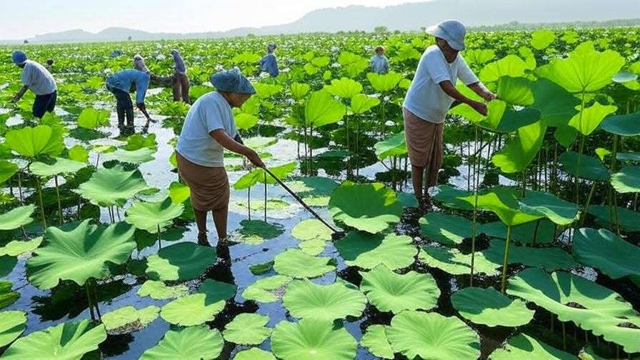 Workers harvesting lotus plants in a sustainable field with water reflections