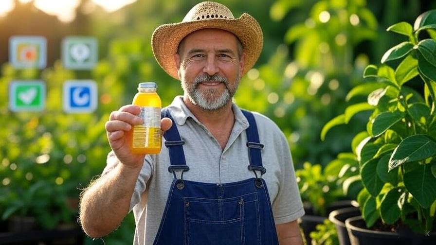 Farmer promoting lotus energy drink on tablet with social media icons