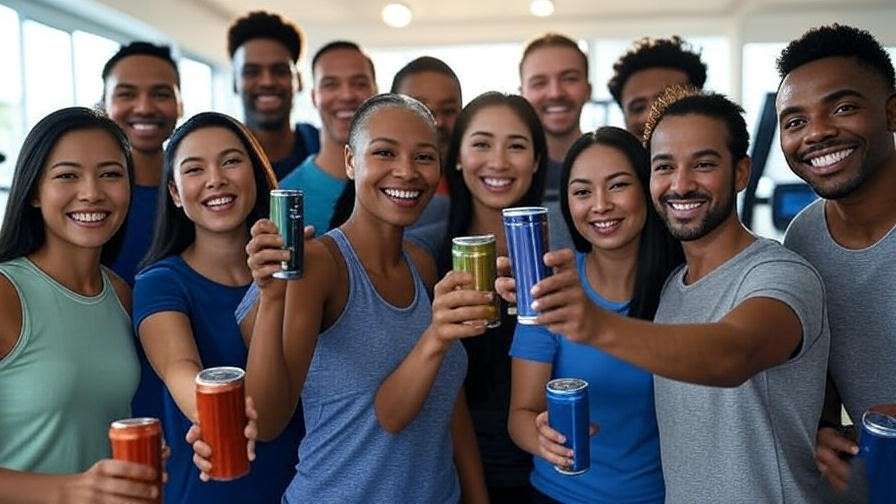 Happy consumers enjoying lotus energy drinks in a gym setting