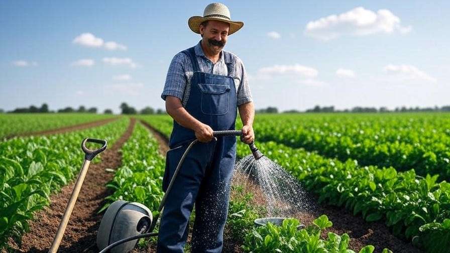 Farmer watering young green plants in a sunny field for healthy growth.
