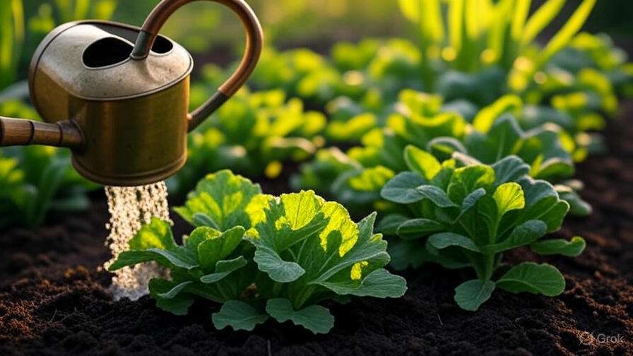 Close-up of watering can nourishing lush vegetable plants in rich soil.

