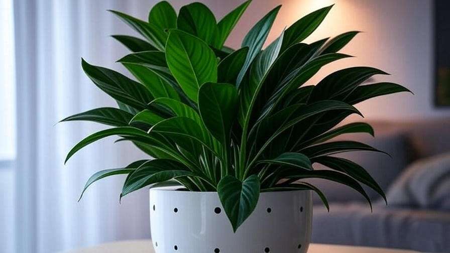 Close-up of a healthy Black Dragon Plant in a white pot with well-draining soil in bright indirect light