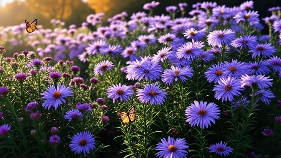 Asters with purple and pink flowers attracting butterflies in a sunny fall garden.