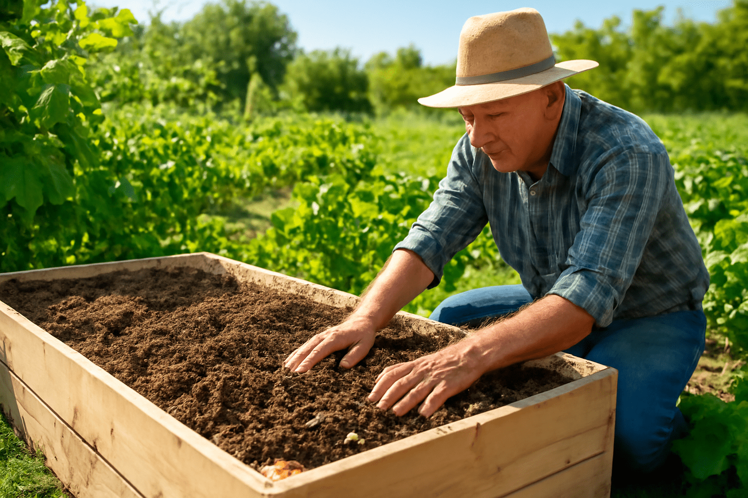 Farmer preparing raised garden bed with compost for permaculture veggie garden