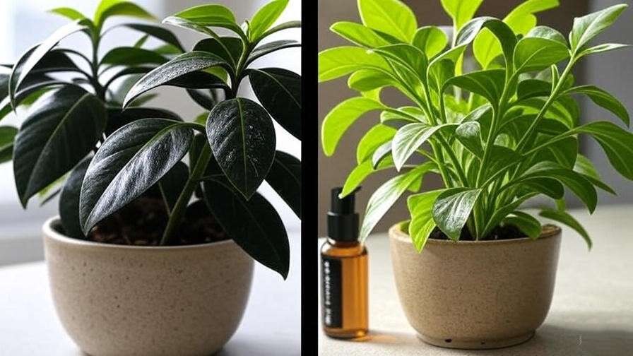 Comparison of a pest-affected Black Dragon Plant with spider mites and a healthy plant with neem oil spray.