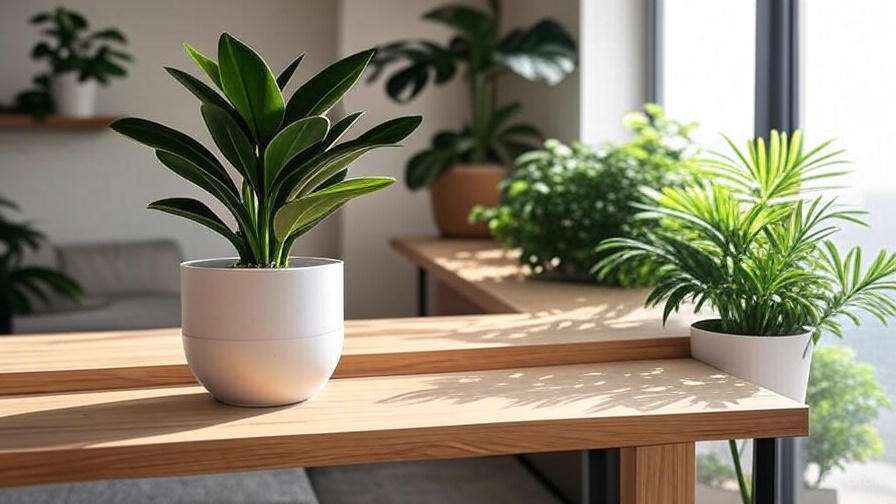 Stylish indoor setup with a Black Dragon Plant on a minimalist shelf with tropical decor.