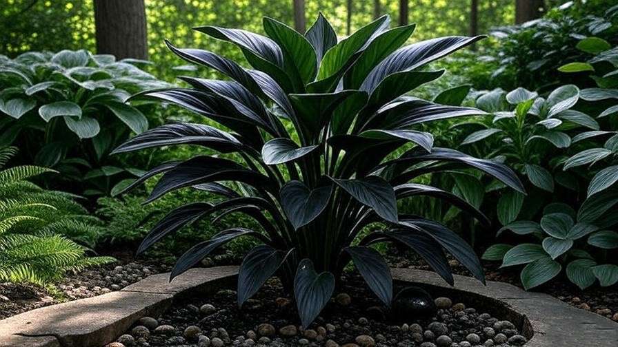 Outdoor garden with a Black Dragon Plant and companion ferns in a shaded tropical patio