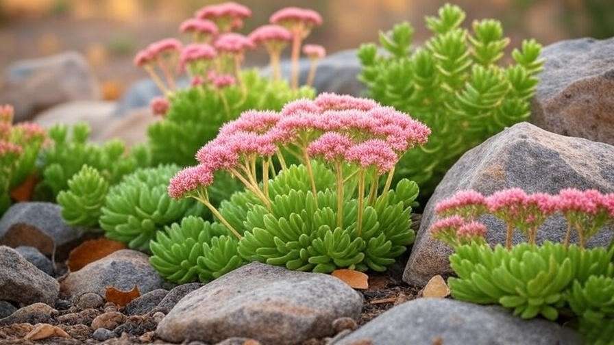 Rock garden with sedum featuring pink flower clusters and green succulent leaves in fall.