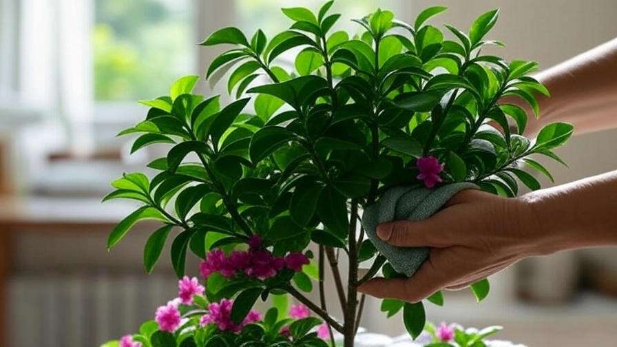 Pruning Calandiva Plant with scissors and wiping leaves