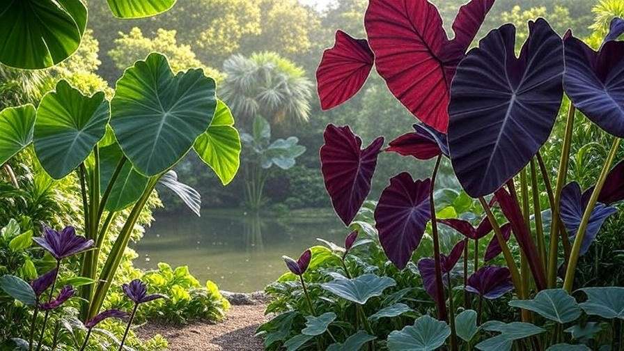 Lush Elephant Ear plants with heart-shaped leaves near a pond in a tropical garden.