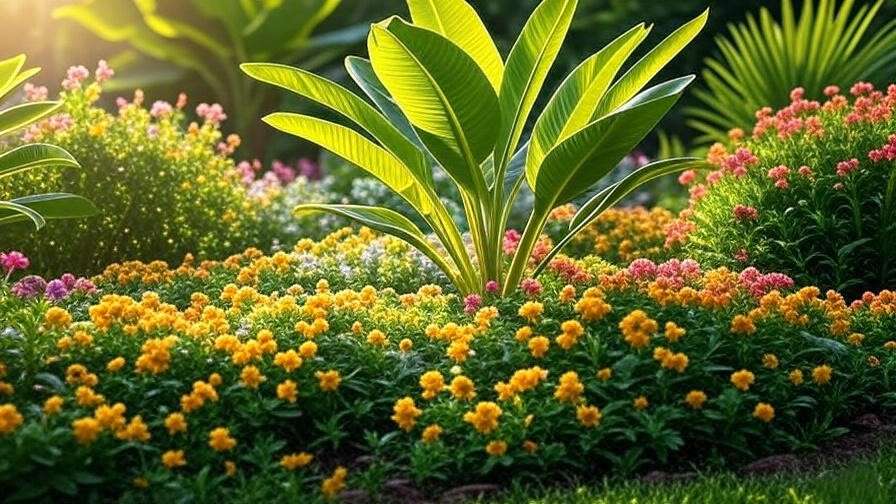 Banana Plant with arching leaves in a colorful garden border under warm sunlight.