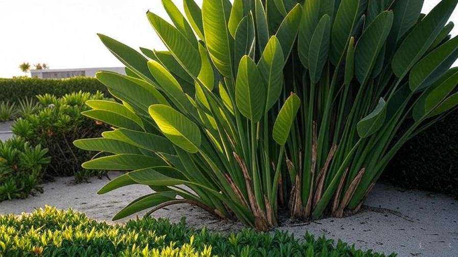 Giant Bird of Paradise with paddle-shaped leaves in a modern garden setting.