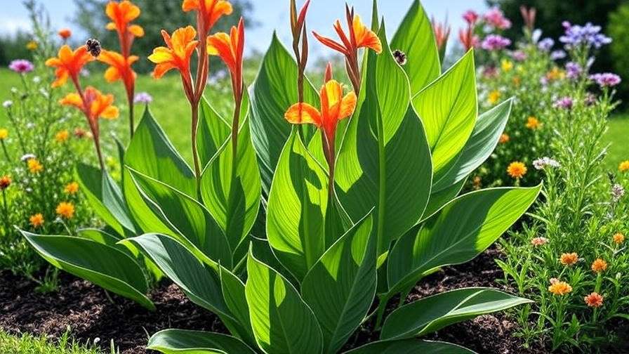 Canna Lilies with large leaves and orange blooms in a sunny garden with wildflowers.