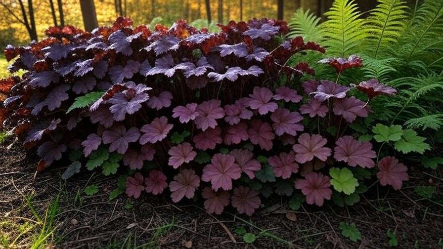 Shaded fall garden with heuchera in burgundy and lime foliage alongside ferns.