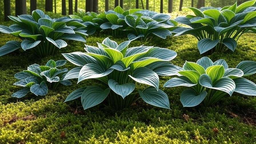 Hostas with textured leaves in a shaded woodland garden with mossy groundcover.