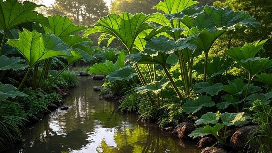 Gunnera plants with giant leaves near a stream in a lush garden.