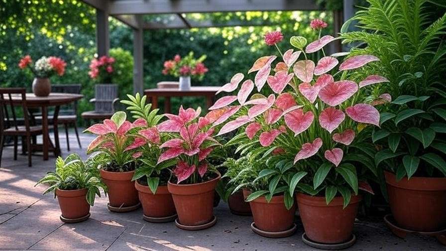 Potted Caladiums with multicolored leaves on a shaded patio with ferns.