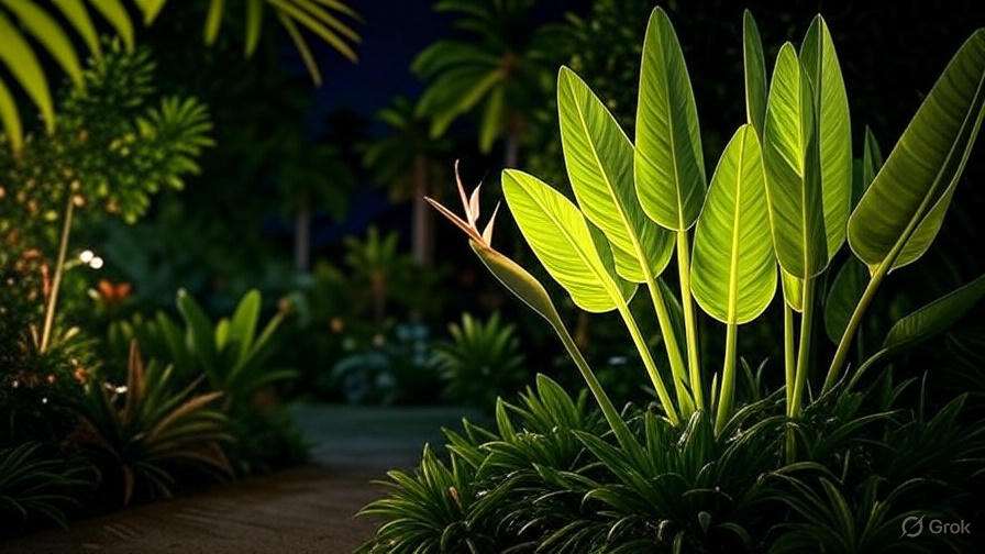 Nighttime uplighting on Giant Bird of Paradise in a resort-like garden.