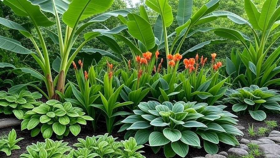 Multi-layered garden with Banana Plants, Canna Lilies, and Hostas for depth
