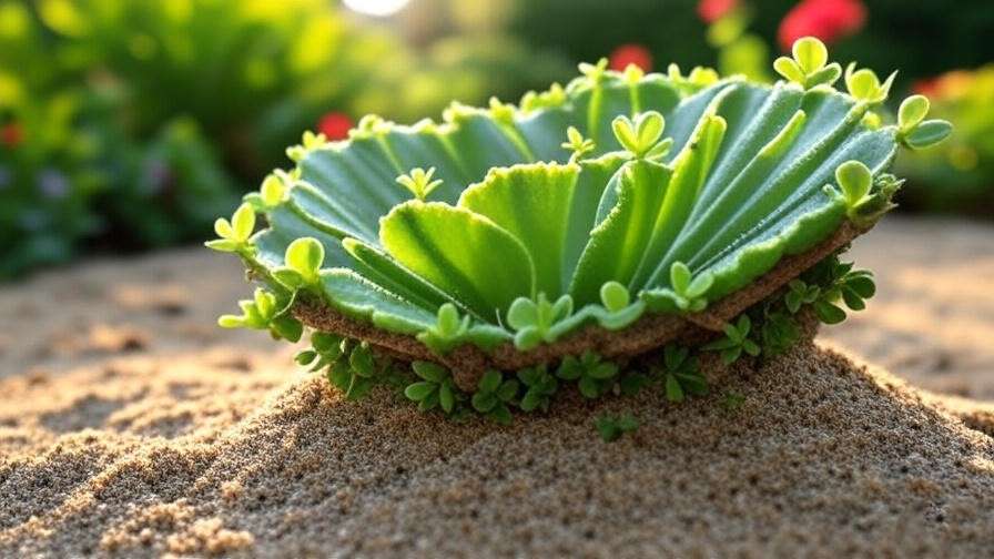 Close-up of leaf of life plant with plantlets in sandy soil pot
