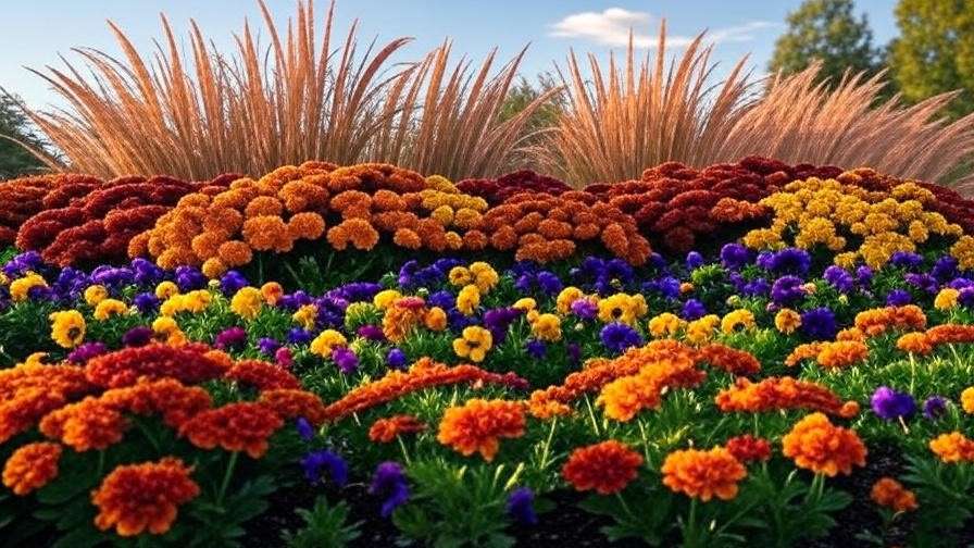 Layered fall garden with ornamental grasses, mums, and pansies showcasing texture and height.
