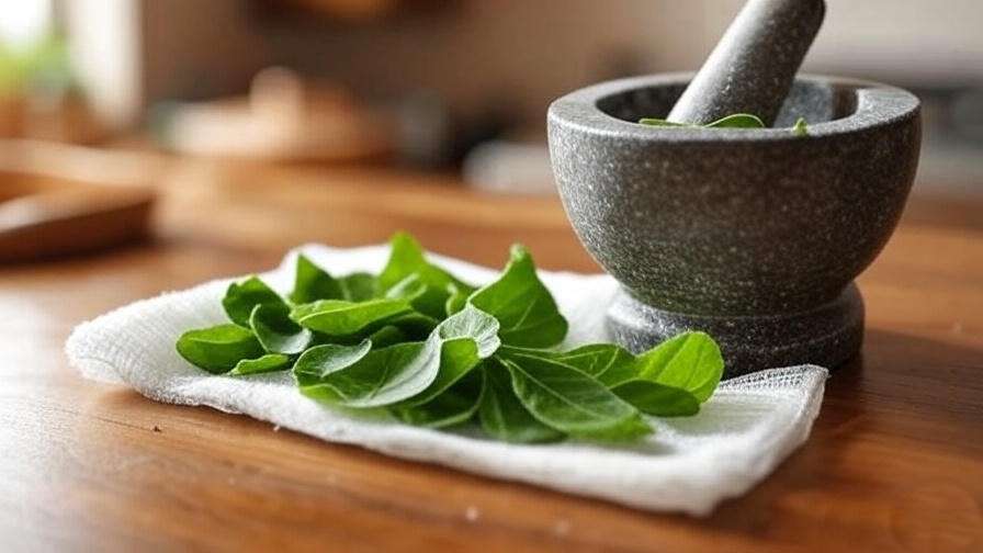 Step-by-step leaf of life poultice preparation with mortar and gauze