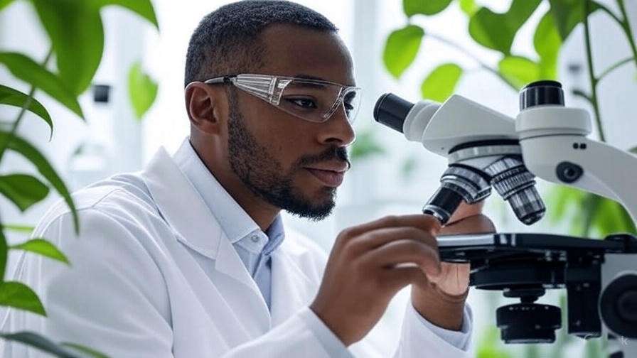 Scientist researching leaf of life plant under microscope