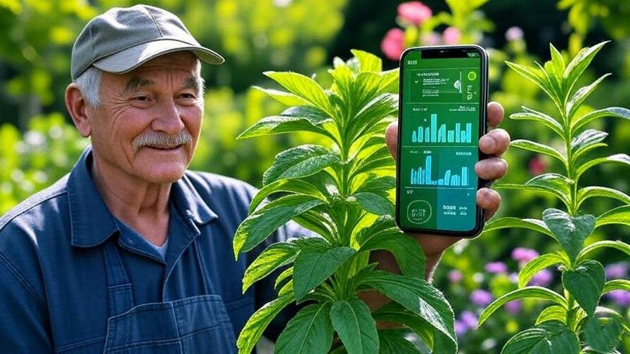 Gardener using plant augmented reality app to scan green plant with health data overlay in lush garden