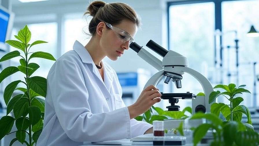 Scientist examining plant samples with microscope and scientific equipment in bright lab.
